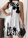 Plus Size Halter Neck Wrap Dress — Retro Print Tie-Up Summer Dress 1XL-6XL