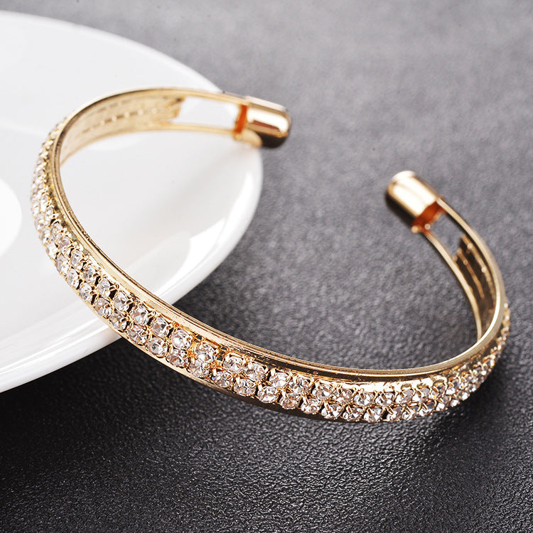 Rose Gold Diamond Open Cuff Bracelet — 2-Row CZ Women's Jewelry