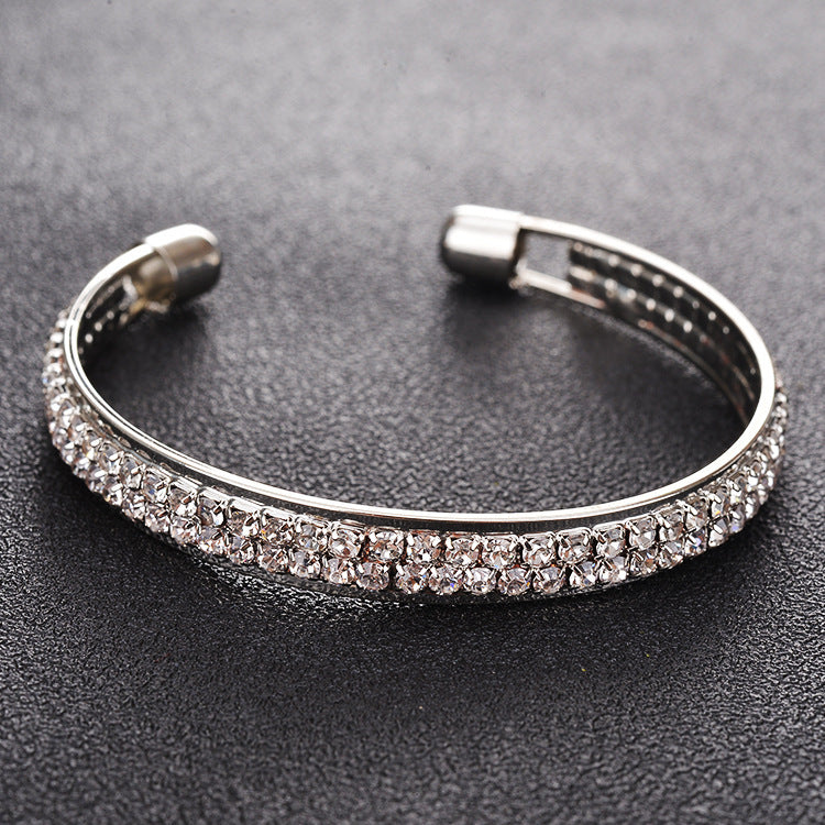 Rose Gold Diamond Open Cuff Bracelet — 2-Row CZ Women's Jewelry