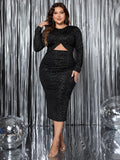Plus Size Cutout Side Slit Midi Dress — Long Sleeve Bodycon Dress 1XL-4XL