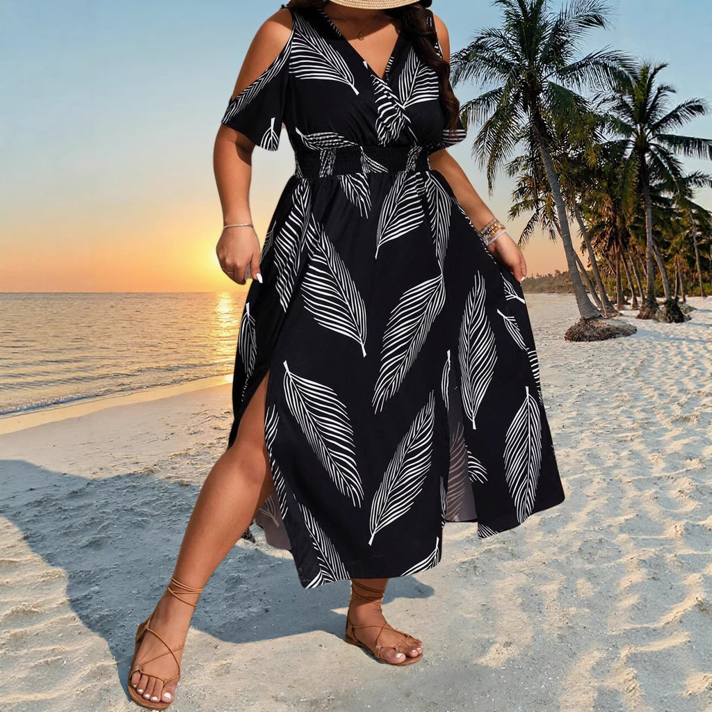 Plus Size Boho Maxi Dress — Floral Print Side Slit Resort Style Dress 1X-5X