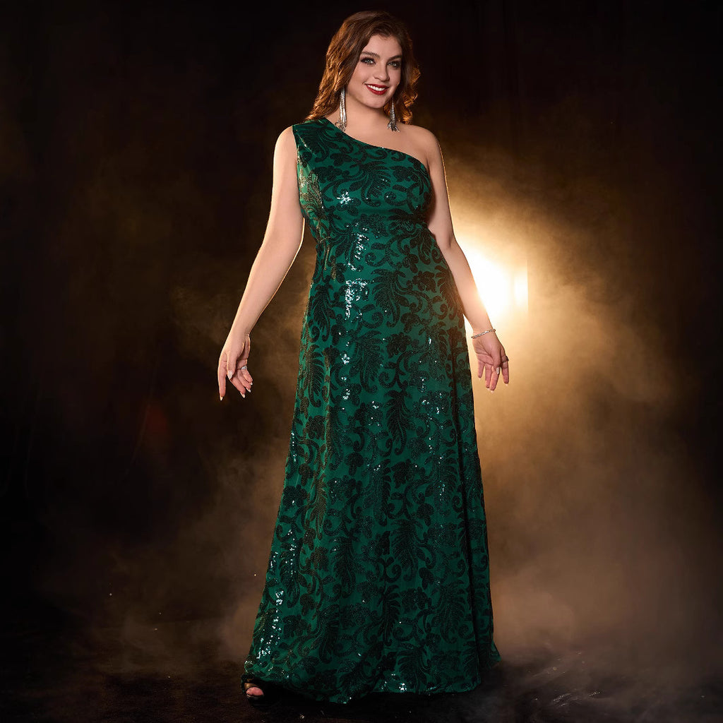 Plus Size Glitter Formal Evening Gown — Asymmetric Neckline Long Dress 1X-5X