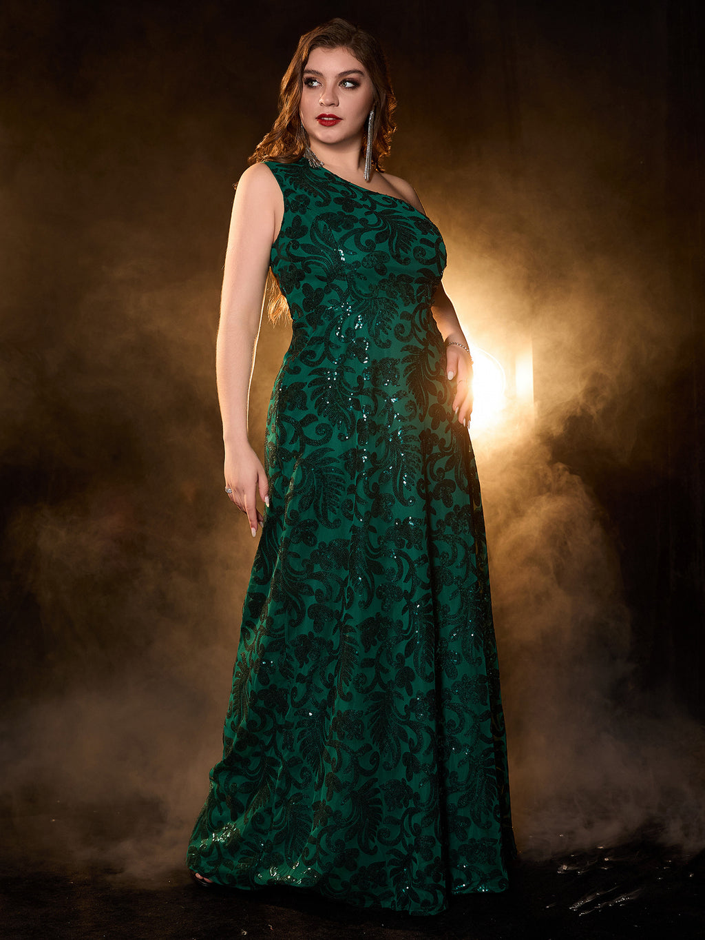 Plus Size Glitter Formal Evening Gown — Asymmetric Neckline Long Dress 1X-5X