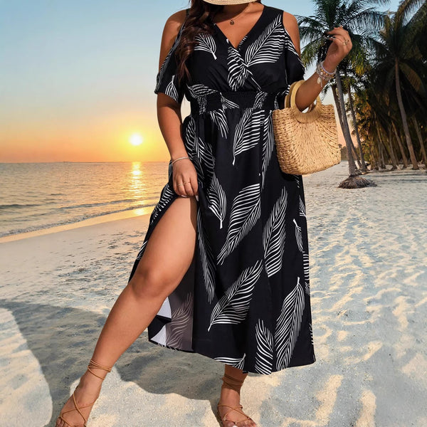 Plus Size Boho Maxi Dress — Floral Print Side Slit Resort Style Dress 1X-5X