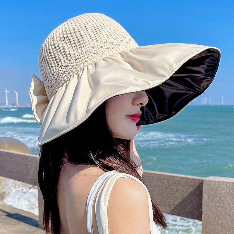Women's Wide Brim UV Protection Sun Hat — Adjustable Beach Hat with Bow Detail