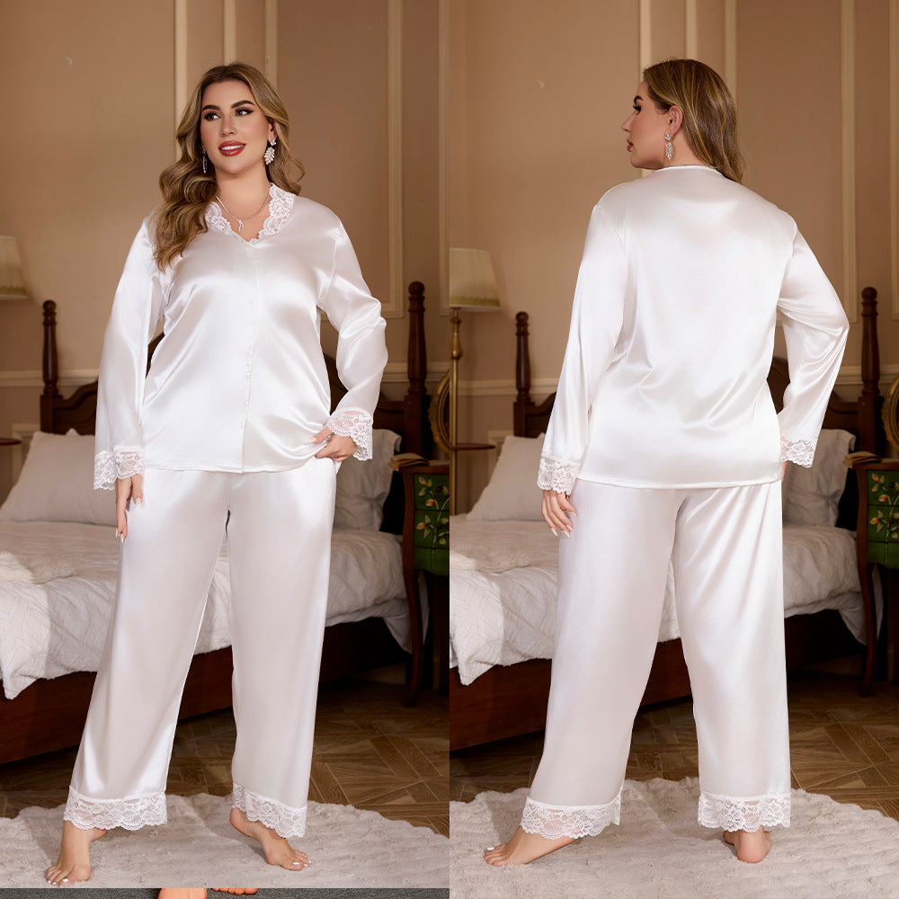 Plus Size Satin Lace Pajama Set — Long Sleeve Luxury Sleepwear 1XL-5XL