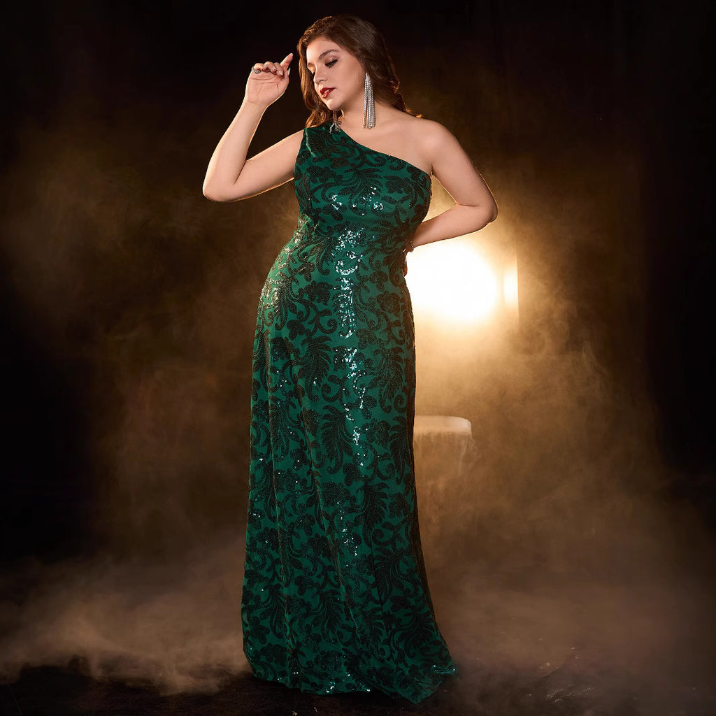 Plus Size Glitter Formal Evening Gown — Asymmetric Neckline Long Dress 1X-5X