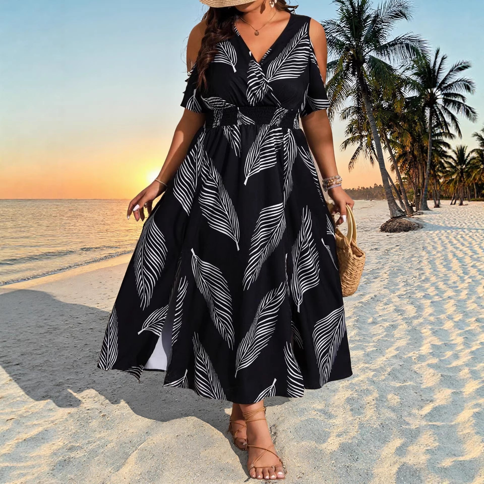 Plus Size Boho Maxi Dress — Floral Print Side Slit Resort Style Dress 1X-5X