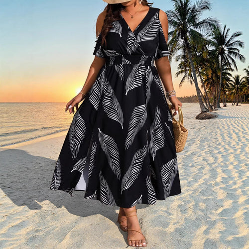 Plus Size Boho Maxi Dress — Floral Print Side Slit Resort Style Dress 1X-5X