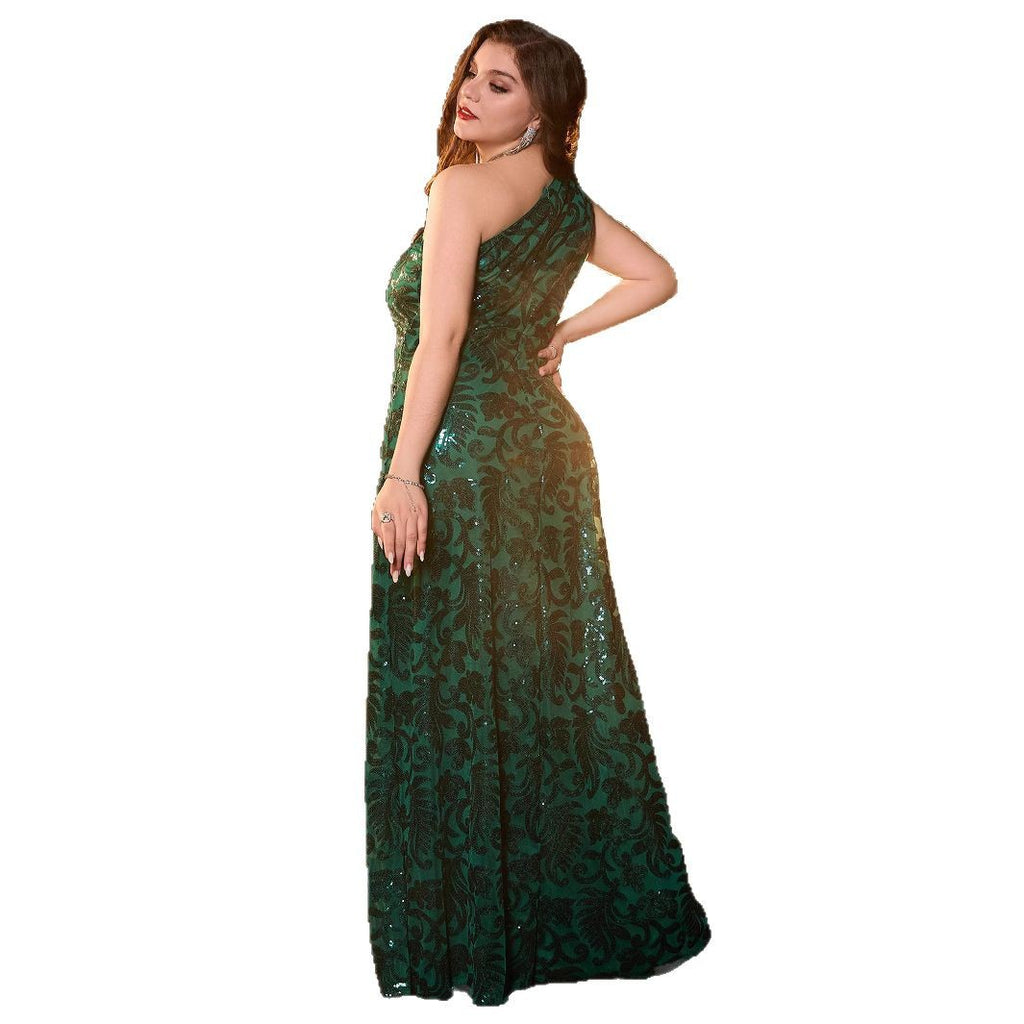 Plus Size Glitter Formal Evening Gown — Asymmetric Neckline Long Dress 1X-5X