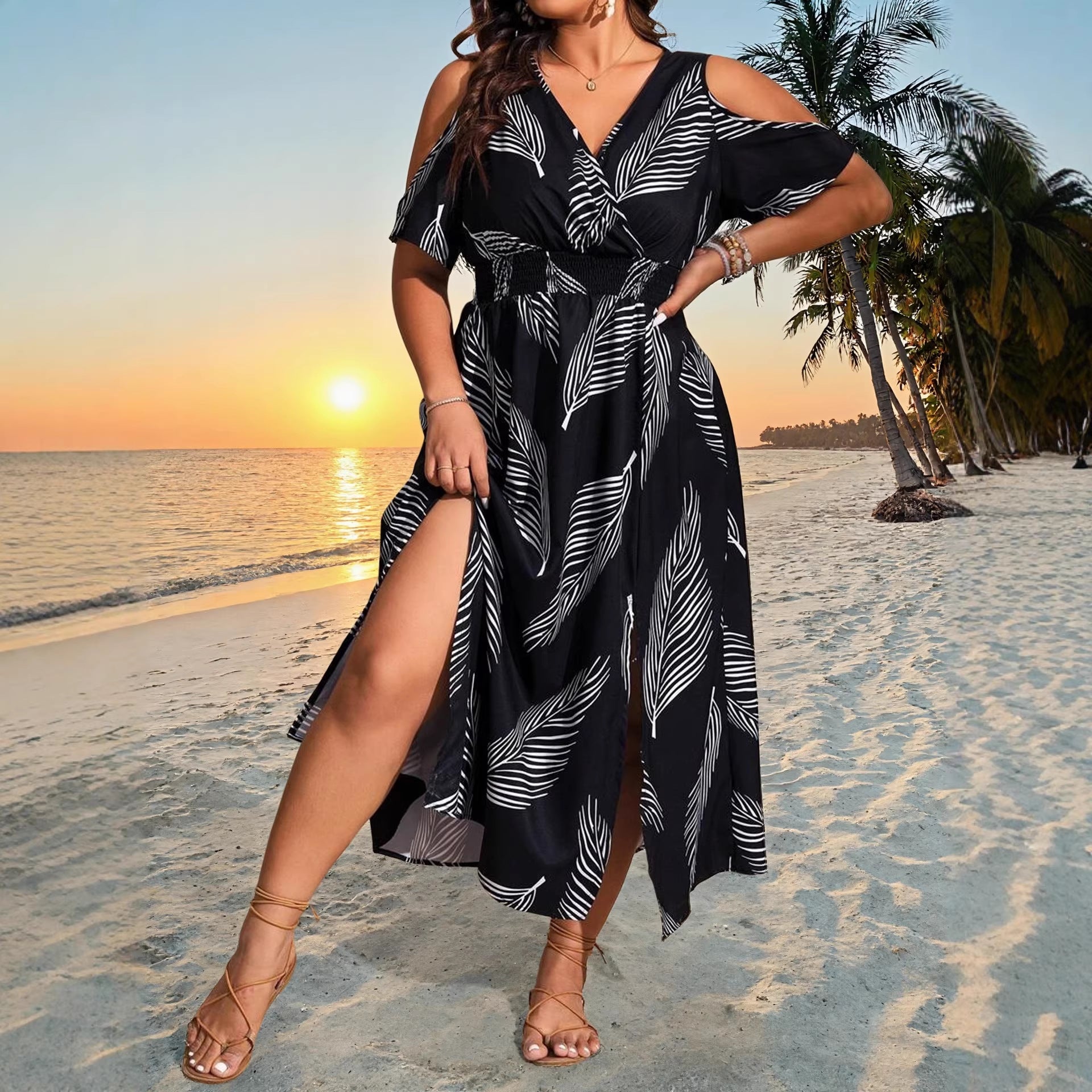 Plus Size Boho Maxi Dress — Floral Print Side Slit Resort Style Dress 1X-5X