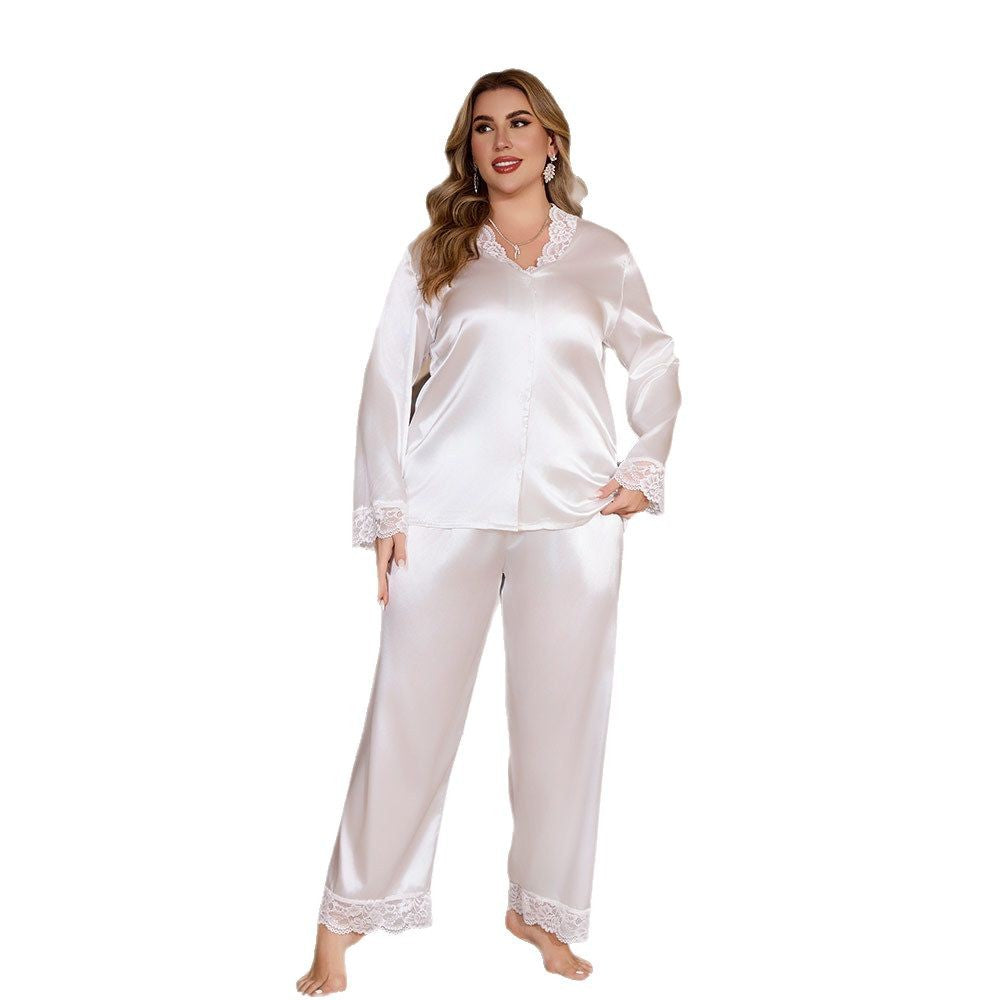 Plus Size Satin Lace Pajama Set — Long Sleeve Luxury Sleepwear 1XL-5XL