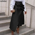 Plus Size Satin Pleated Maxi Skirt — High Waist Asymmetrical Button-Front Skirt | Undeniably Hers
