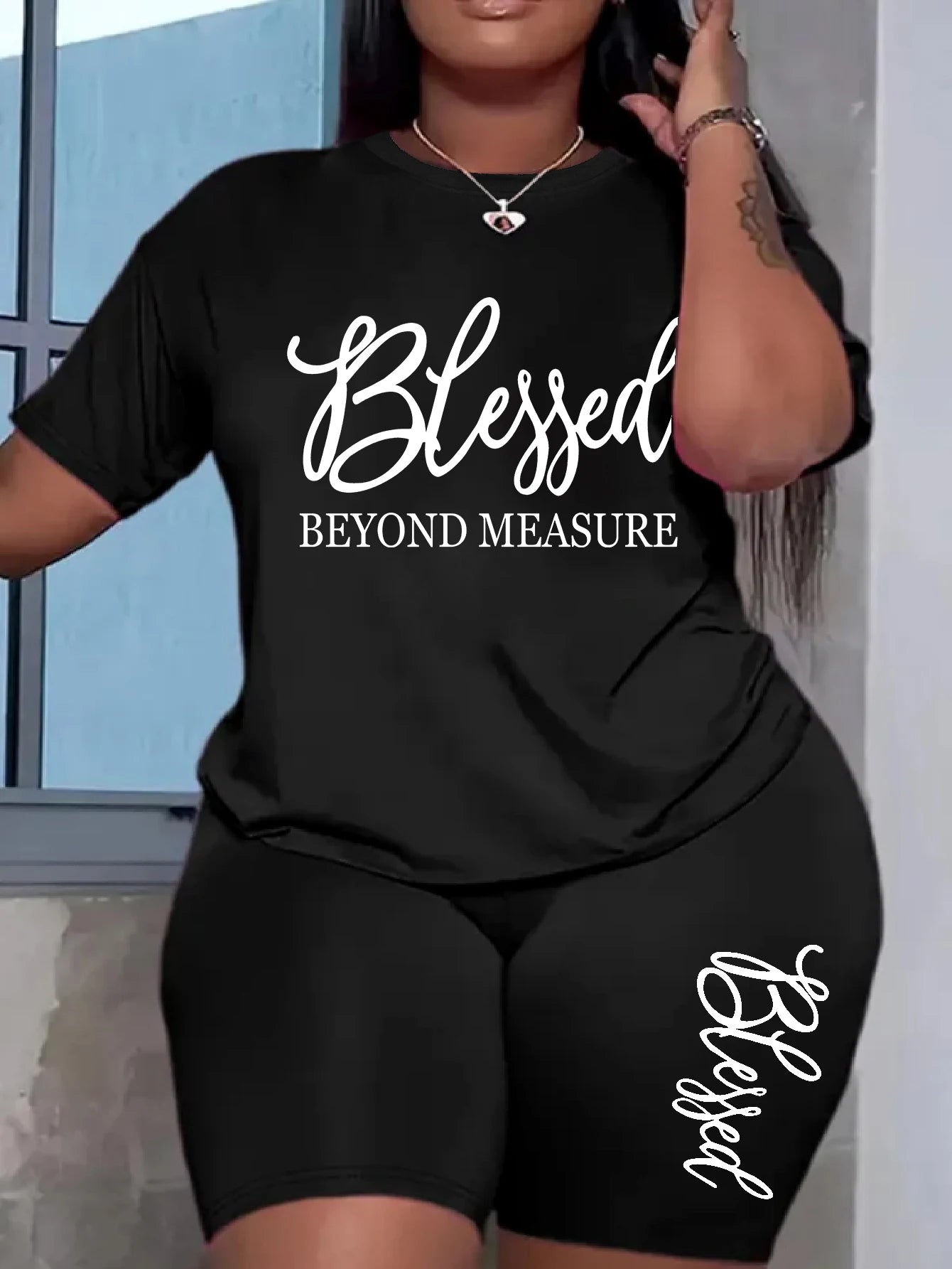"Blessed Beyond Measure" T-Shirt + Biker Shorts Set — Plus Size 2-Piece 1XL-5XL