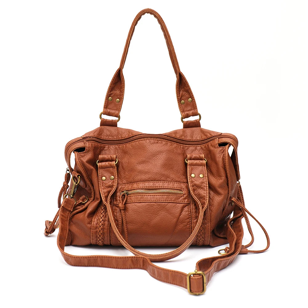 Vintage Washed Vegan Leather Tote Bag — Large Capacity Shoulder & Crossbody Work Bag