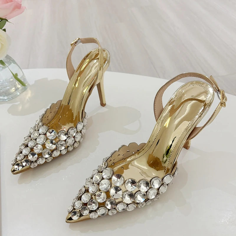 Crystal Stiletto Heels — Pointed Toe Slingback Pumps for Wedding, Prom & Party