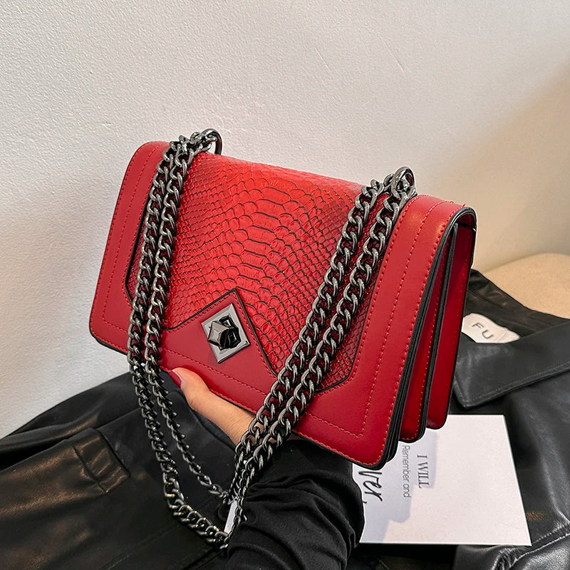 Snake Print Chain Shoulder Bag — Vintage Square Satchel Crossbody Purse | Undeniably Hers