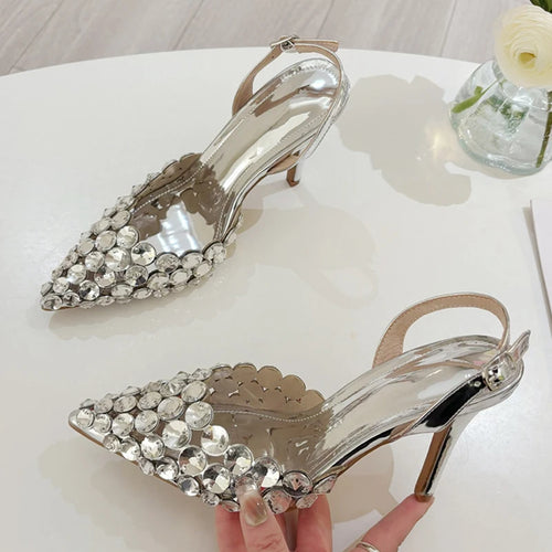 Crystal Stiletto Heels — Pointed Toe Slingback Pumps for Wedding, Prom & Party