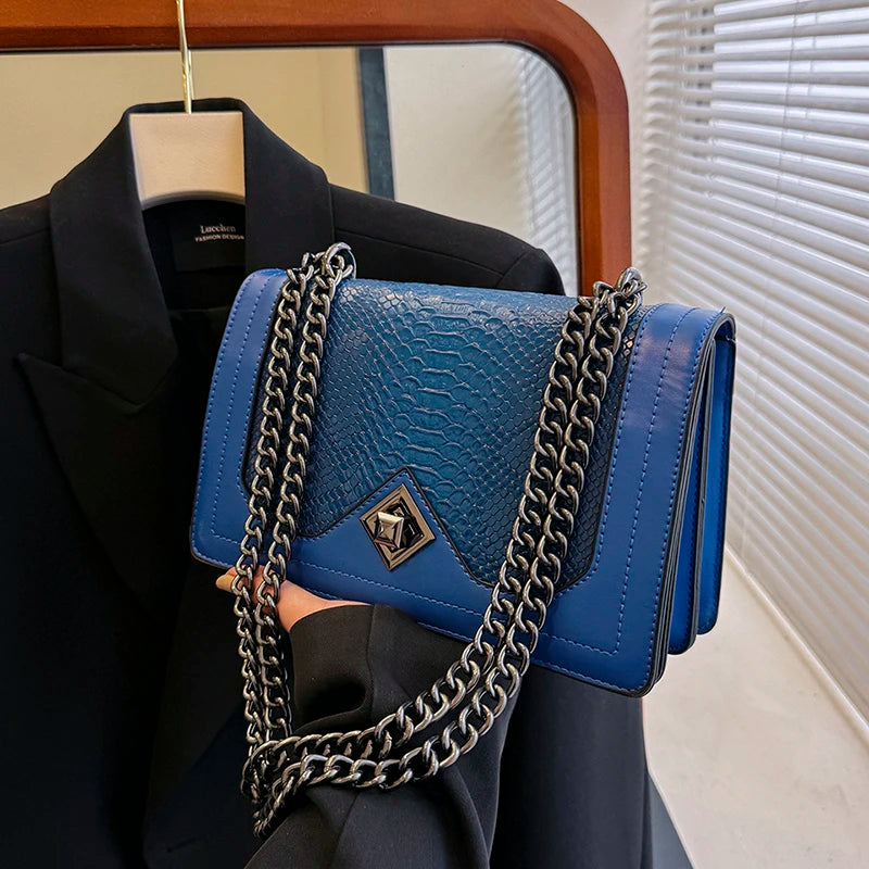 Snake Print Chain Shoulder Bag — Vintage Square Satchel & Crossbody Purse for Women