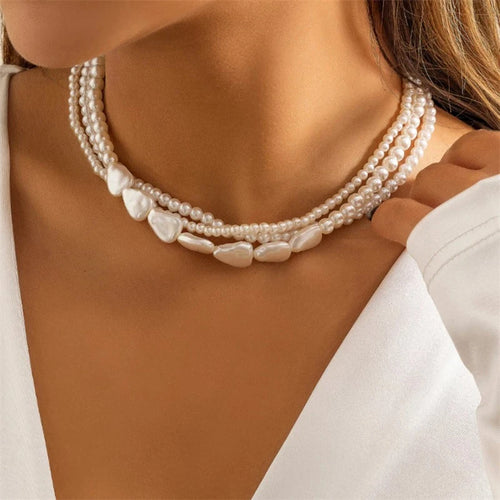Multi-Layer Pearl Choker Necklace — Dainty Heart Pendant Chain for Women