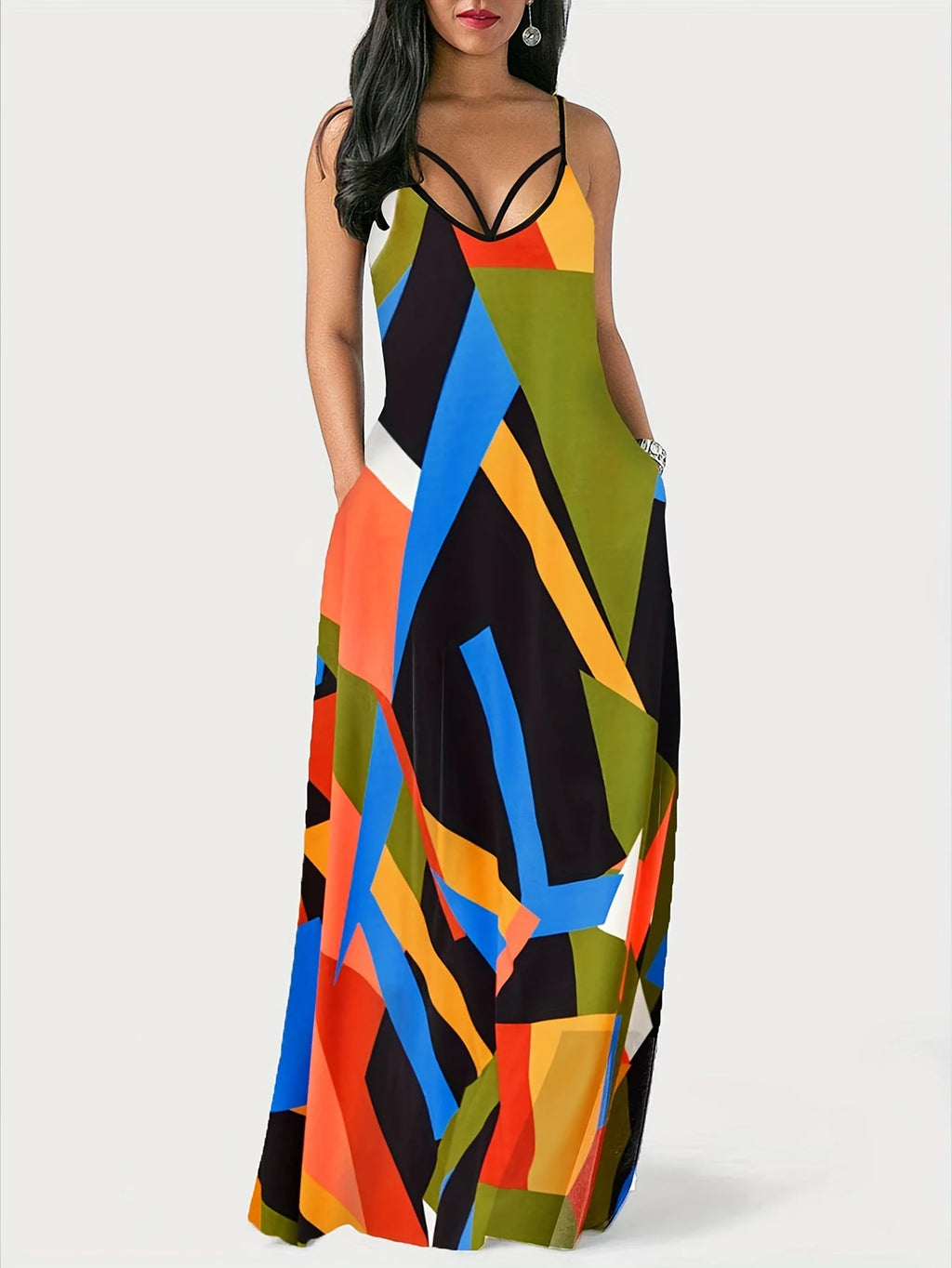 plus Size Geometric Patchwork Dress Extra Long Halter Printed Women's Summer Maxi Dress