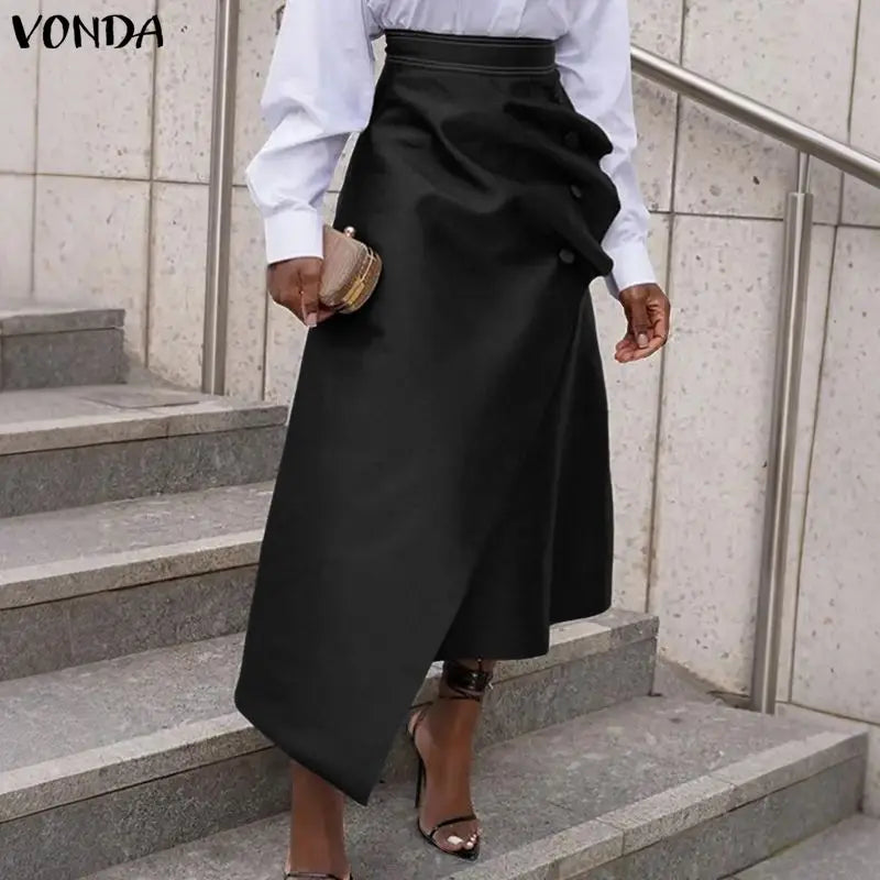 Plus Size Satin Pleated Maxi Skirt — High Waist Asymmetrical Button-Front Skirt | Undeniably Hers