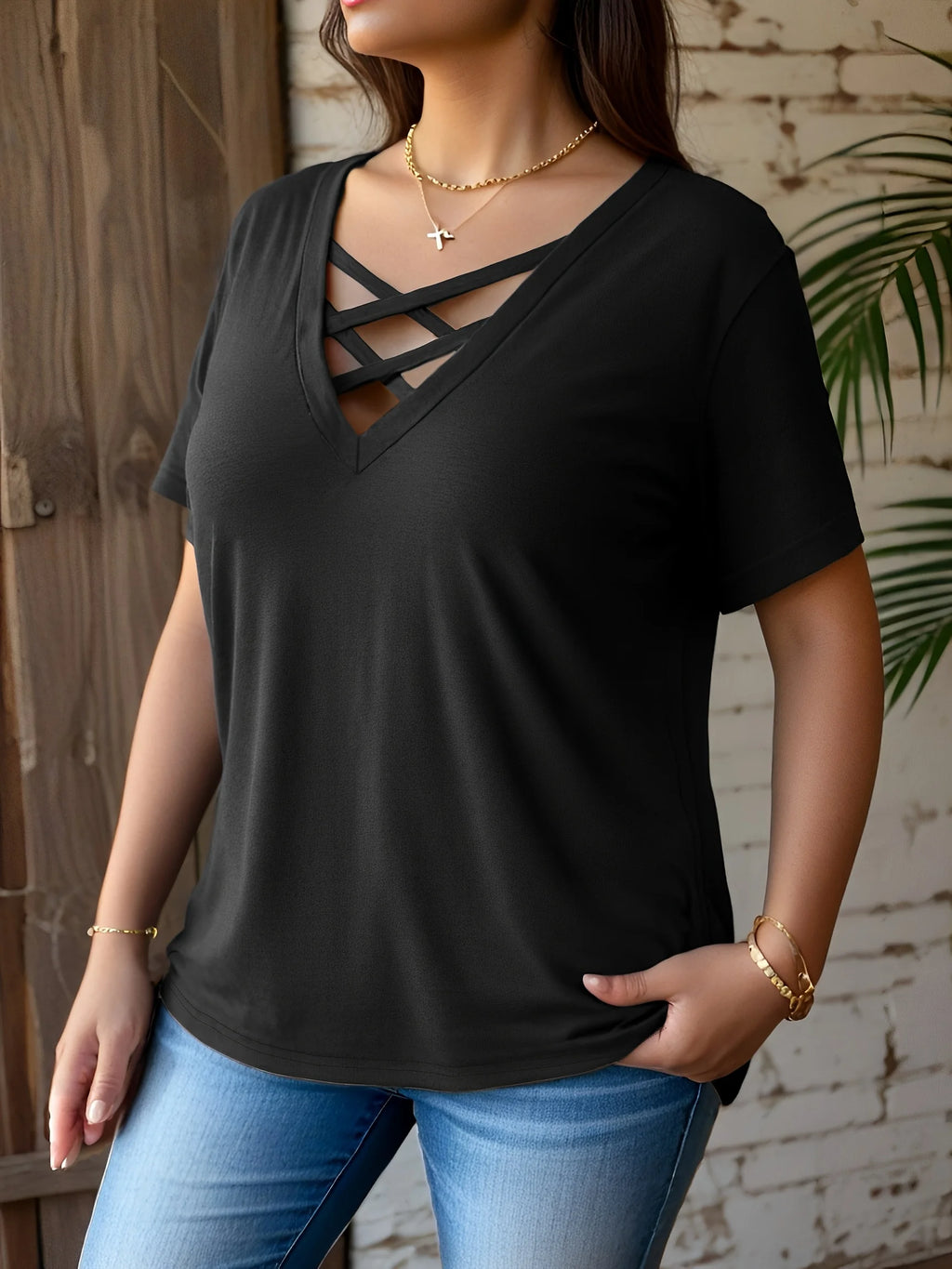 Plus Size V-Neck Crisscross T-Shirt — Stretchy Casual Short Sleeve Top Women 1X-5X