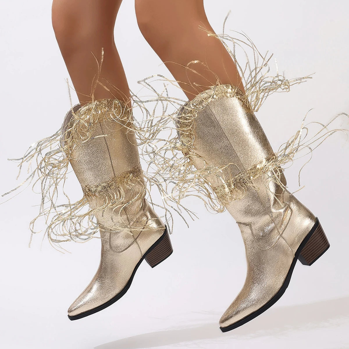 Glittering Silver Cowboy Boots with Long Tassels, Pointed Toe Western Boots, Chunky Low Heel Biker Style