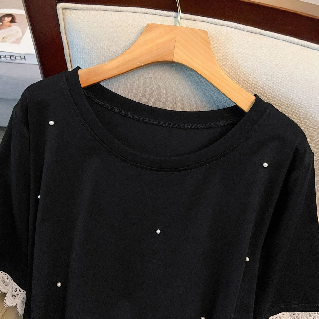 Plus Size Lace Beaded T-Shirt Dress — front view