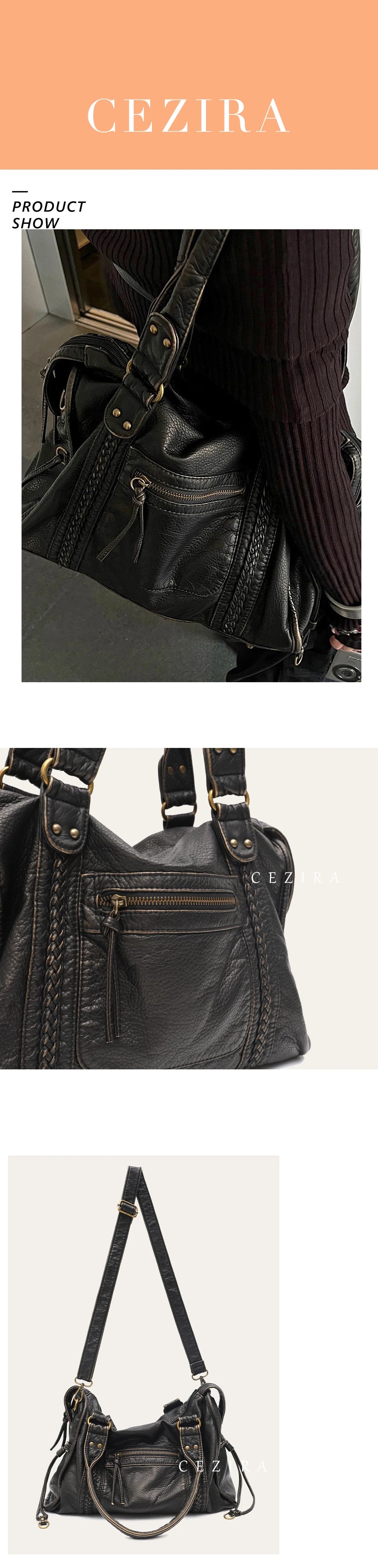 Vintage Washed Vegan Leather Tote Bag — Large Capacity Shoulder & Crossbody Work Bag
