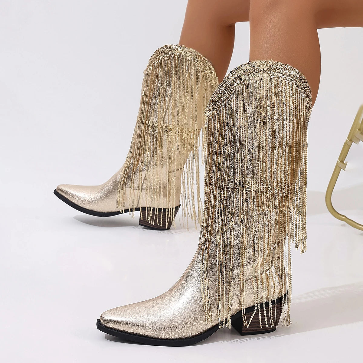 Glittering Silver Cowboy Boots with Long Tassels, Pointed Toe Western Boots, Chunky Low Heel Biker Style