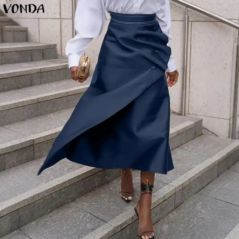 Plus Size Satin Pleated Maxi Skirt — High Waist Asymmetrical Button-Front Skirt | Undeniably Hers