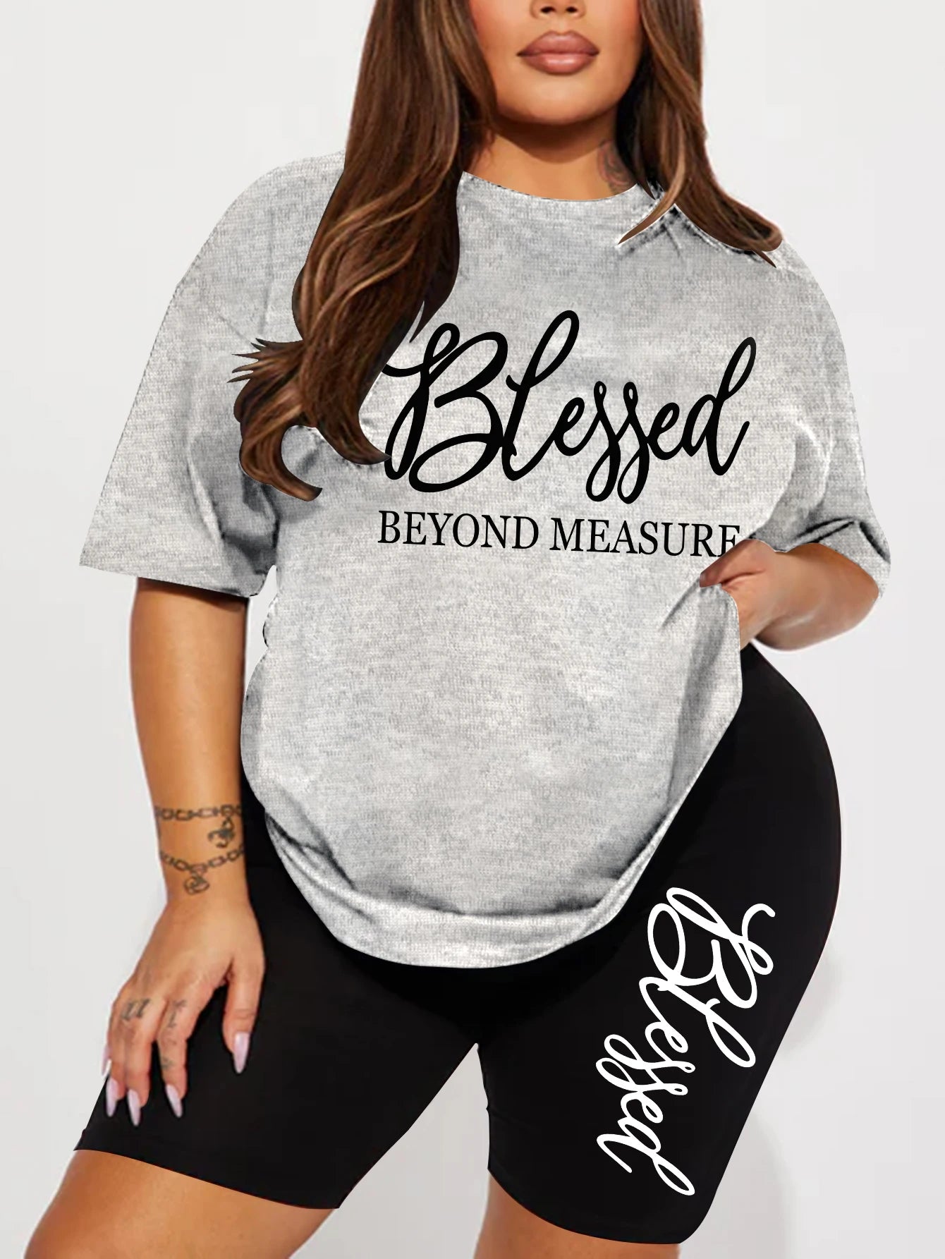 "Blessed Beyond Measure" T-Shirt + Biker Shorts Set — Plus Size 2-Piece 1XL-5XL