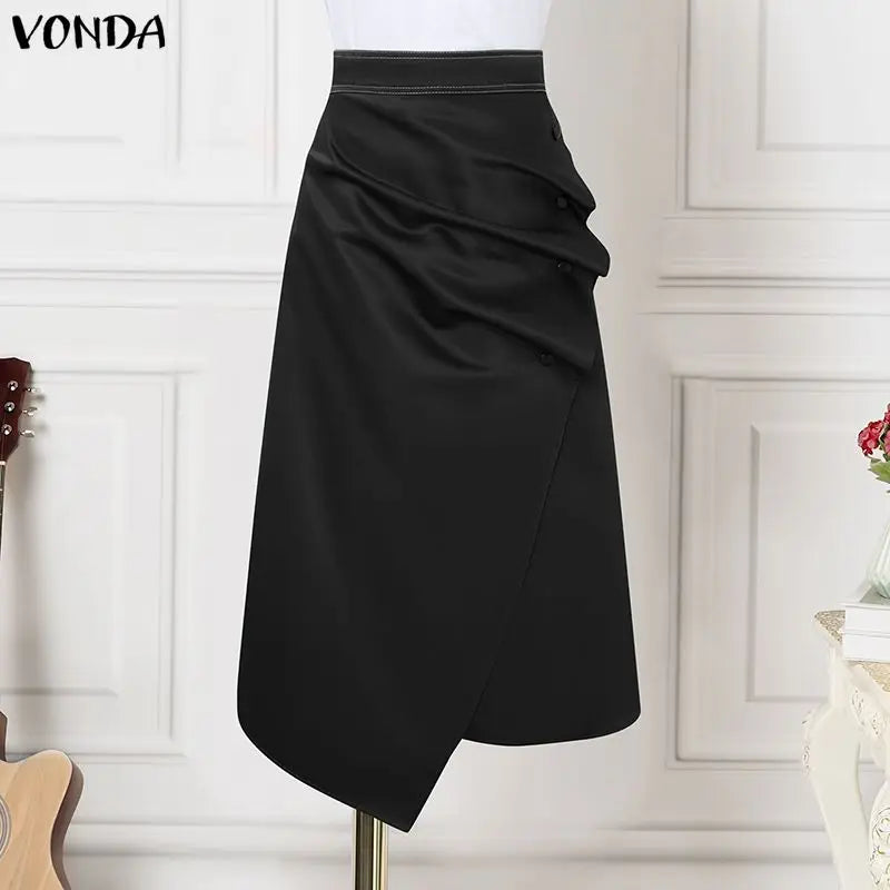 Plus Size Satin Pleated Maxi Skirt — High Waist Asymmetrical Button-Front Skirt | Undeniably Hers