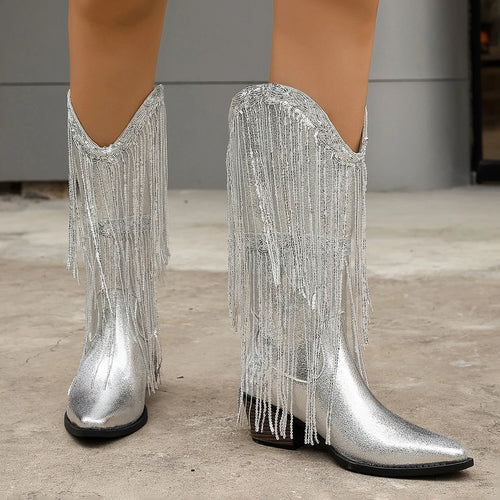 Glitter Western Cowboy Boots — Fringe Tassel Pointed Toe Block Heel Boots for Women