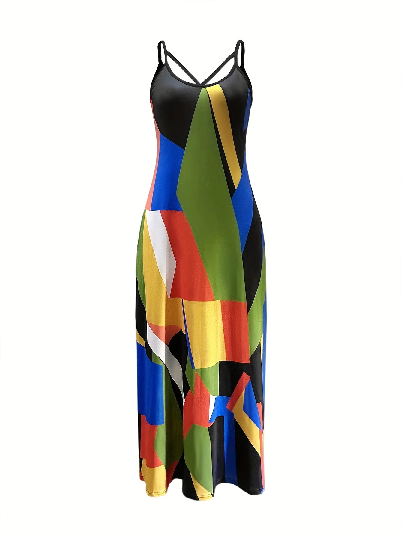 plus Size Geometric Patchwork Dress Extra Long Halter Printed Women's Summer Maxi Dress