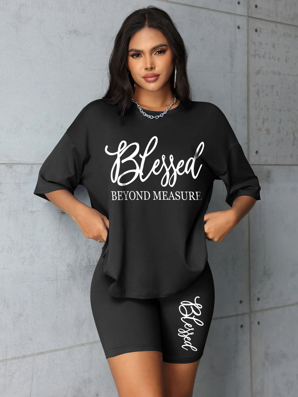 "Blessed Beyond Measure" T-Shirt + Biker Shorts Set — Plus Size 2-Piece 1XL-5XL