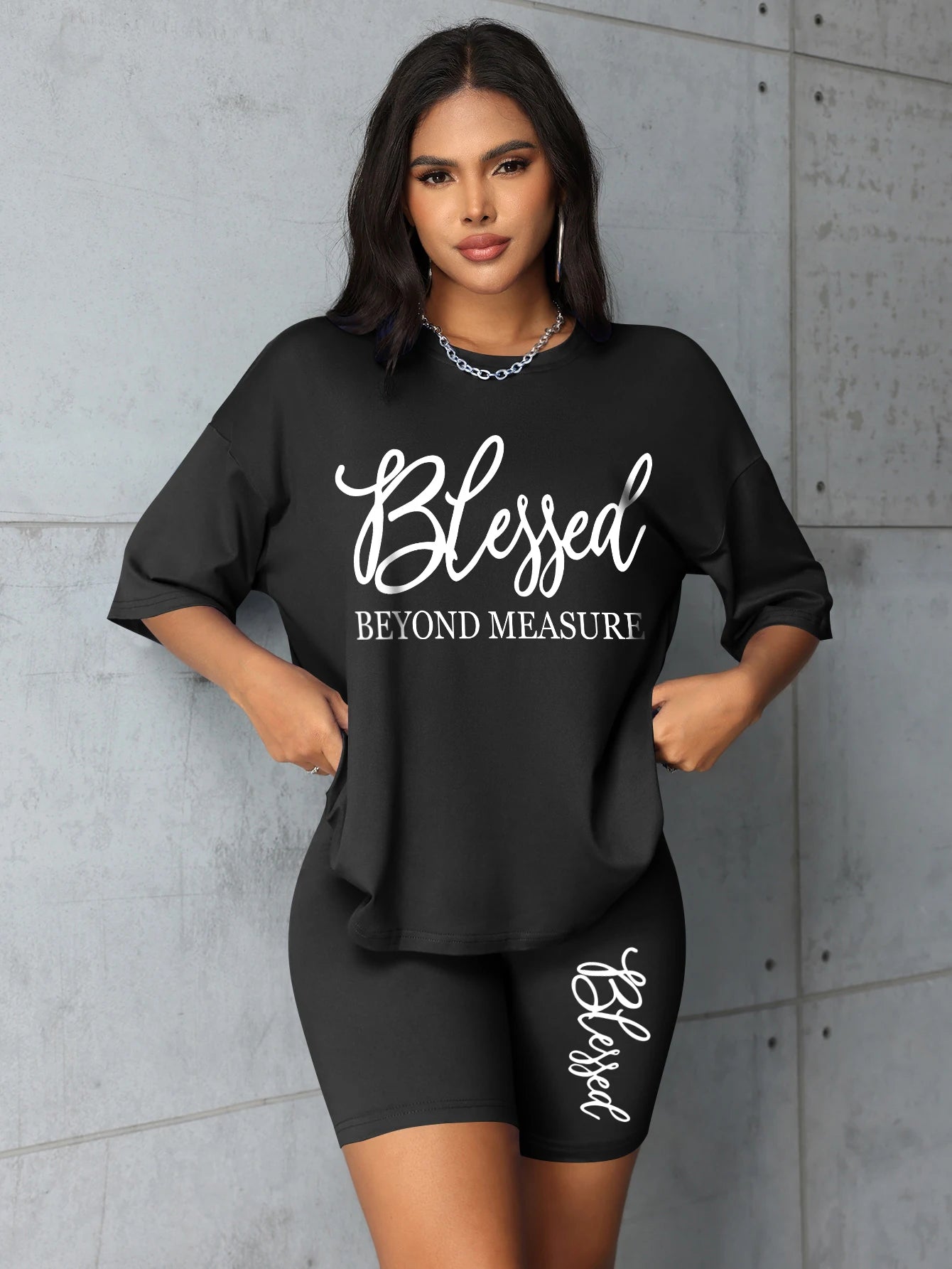 "Blessed Beyond Measure" T-Shirt + Biker Shorts Set — Plus Size 2-Piece 1XL-5XL