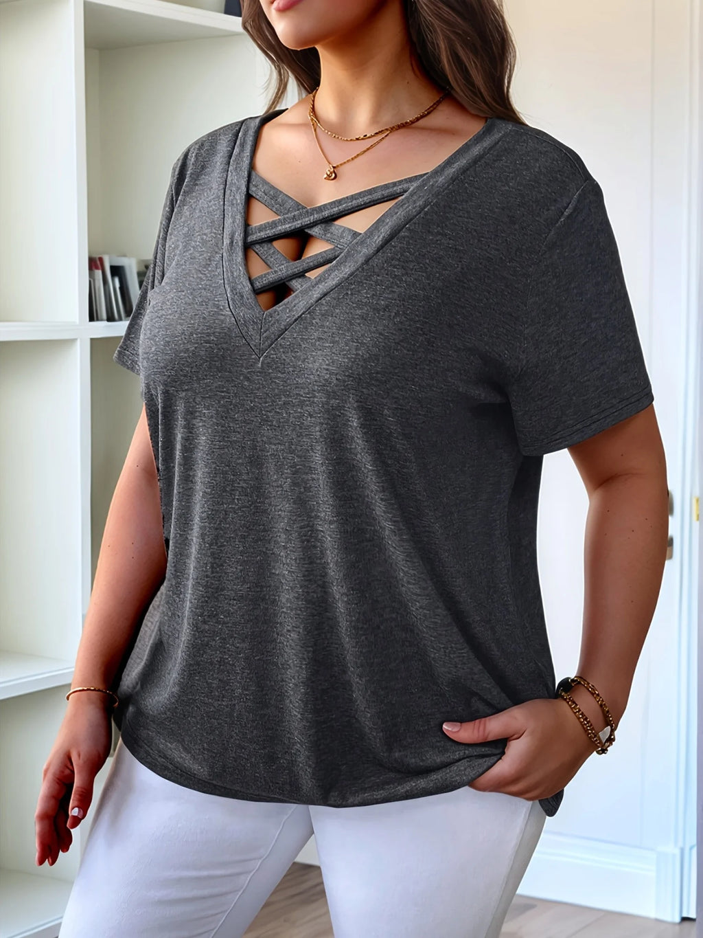 Plus Size Flowy Crossover V-Neck Top — Loose Breathable Short Sleeve T-Shirt | Undeniably Hers