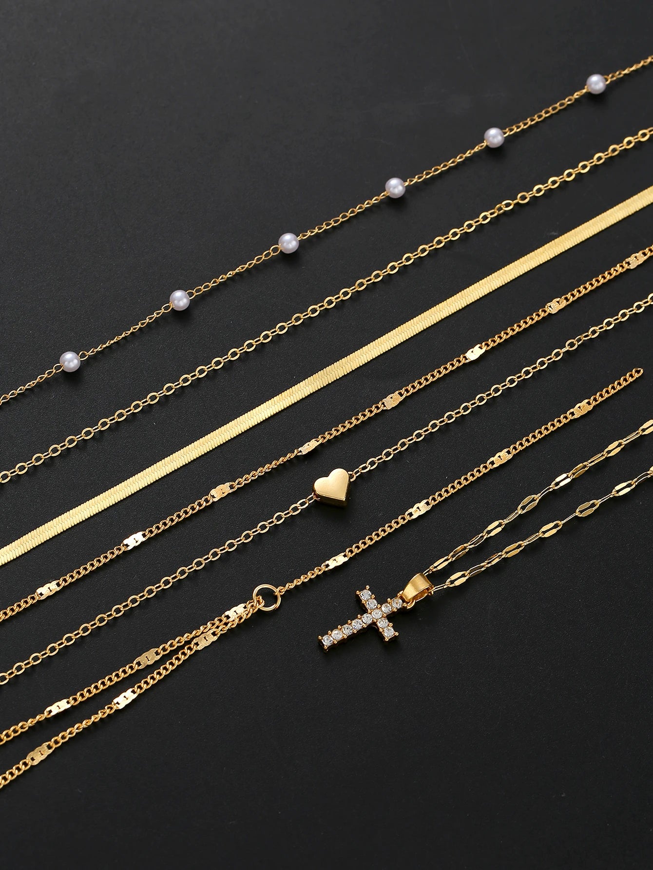 7-Piece Boho Gold Necklace Set — Layered Heart, Pearl & Cross Pendant Necklaces for Women