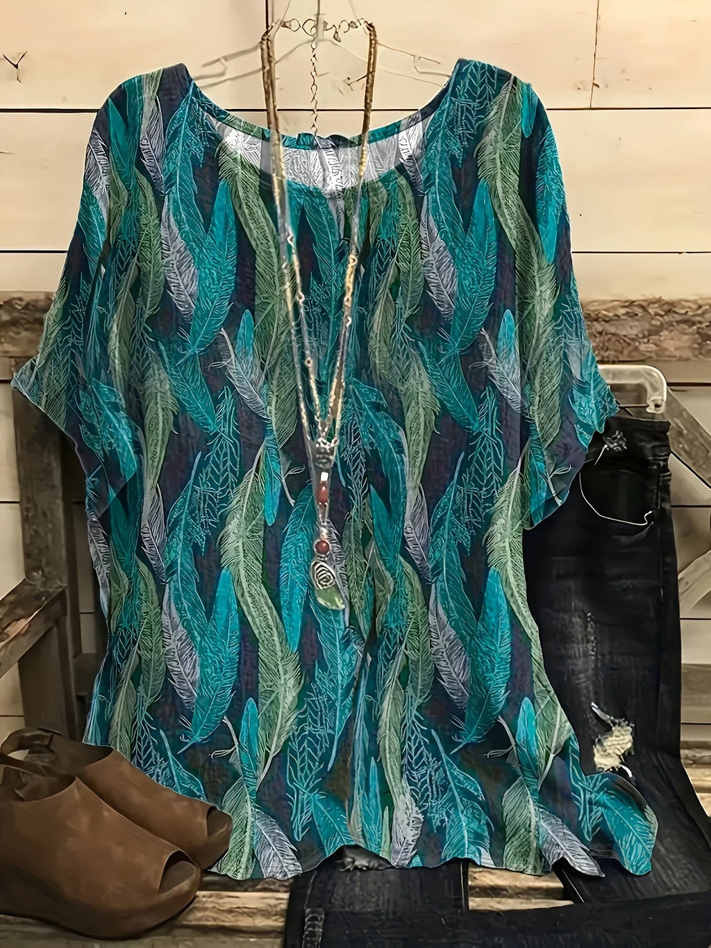 Plus Size Leaf Print Blouse — Vintage Half Sleeve Loose Top Women 1XL-5XL