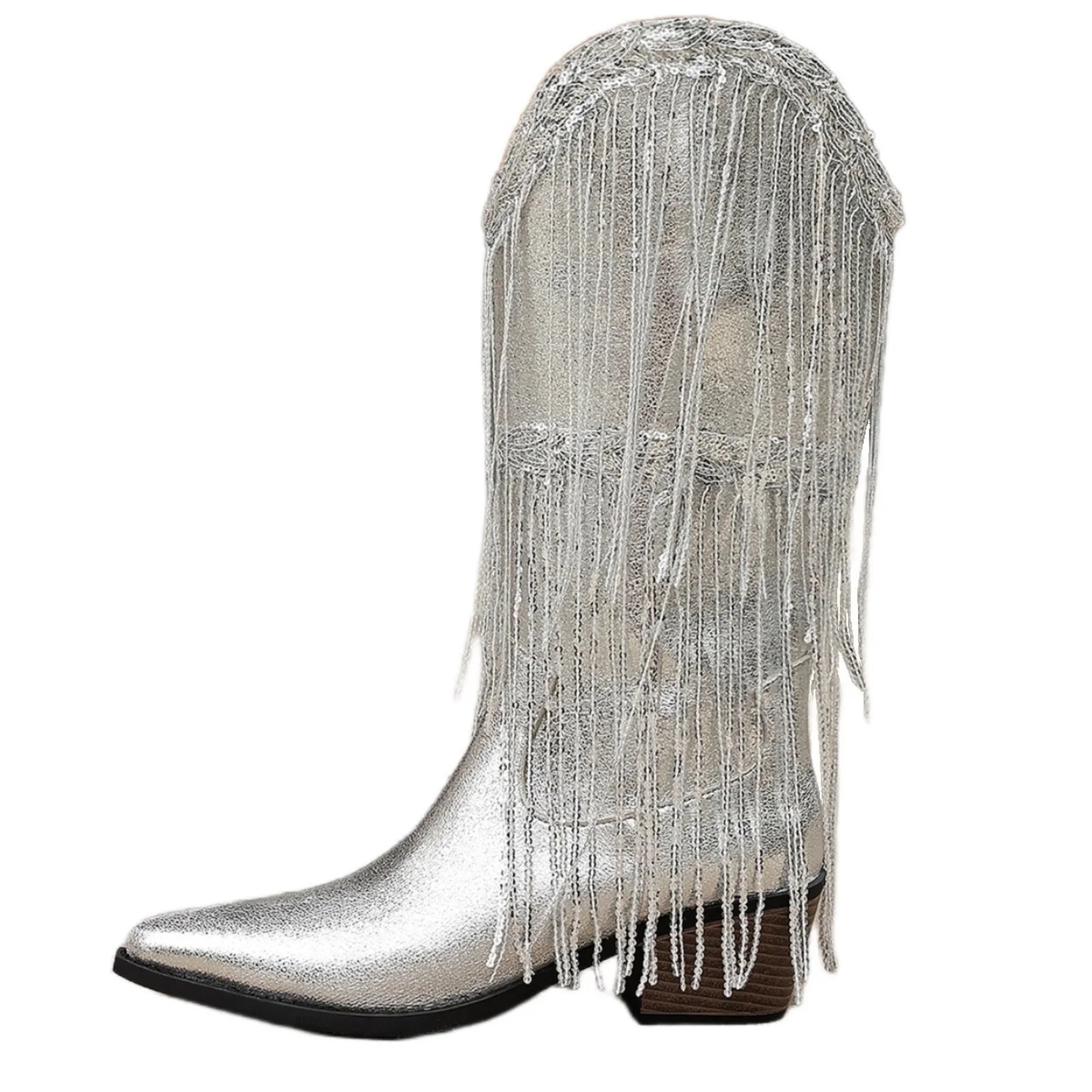 Glitter Western Cowboy Boots — Fringe Tassel Pointed Toe Block Heel Boots for Women