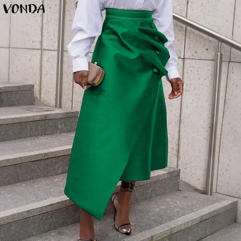 Plus Size Satin Pleated Maxi Skirt — High Waist Asymmetrical Button-Front Skirt | Undeniably Hers