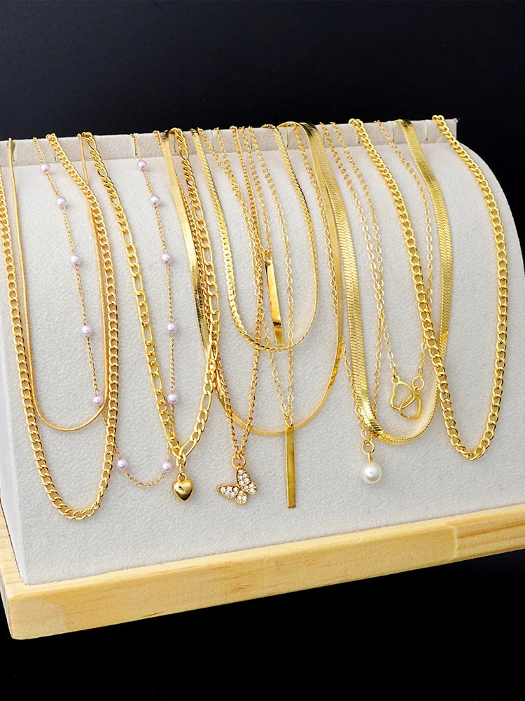 7-Piece Boho Gold Necklace Set — Layered Heart, Pearl & Cross Pendant Necklaces for Women