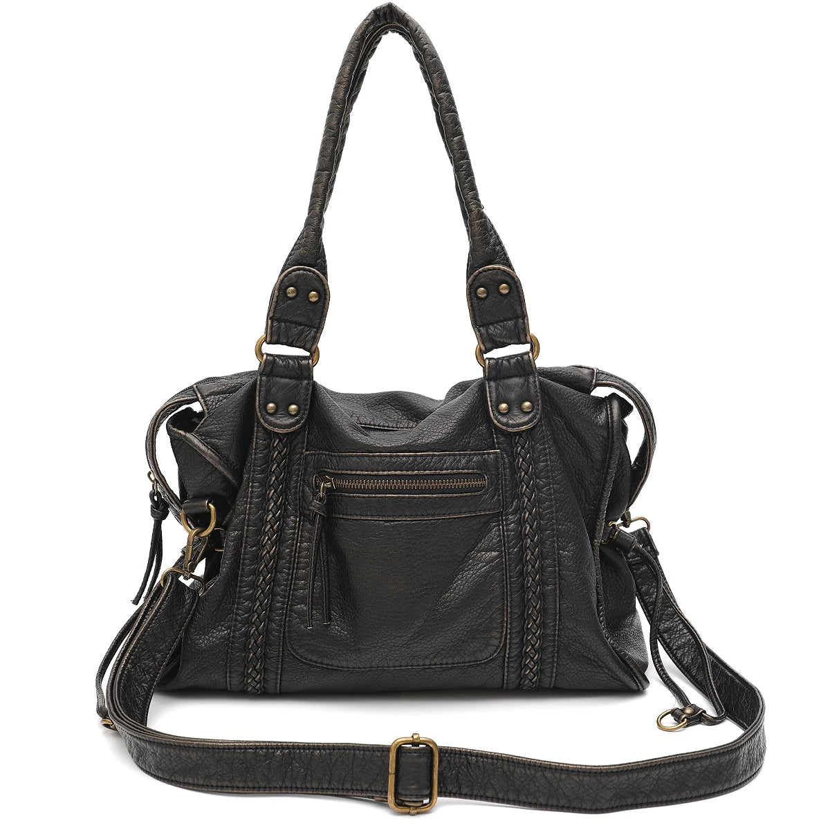 Vintage Washed Vegan Leather Tote Bag — Large Capacity Shoulder & Crossbody Work Bag
