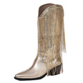 Glittering Silver Cowboy Boots with Long Tassels, Pointed Toe Western Boots, Chunky Low Heel Biker Style