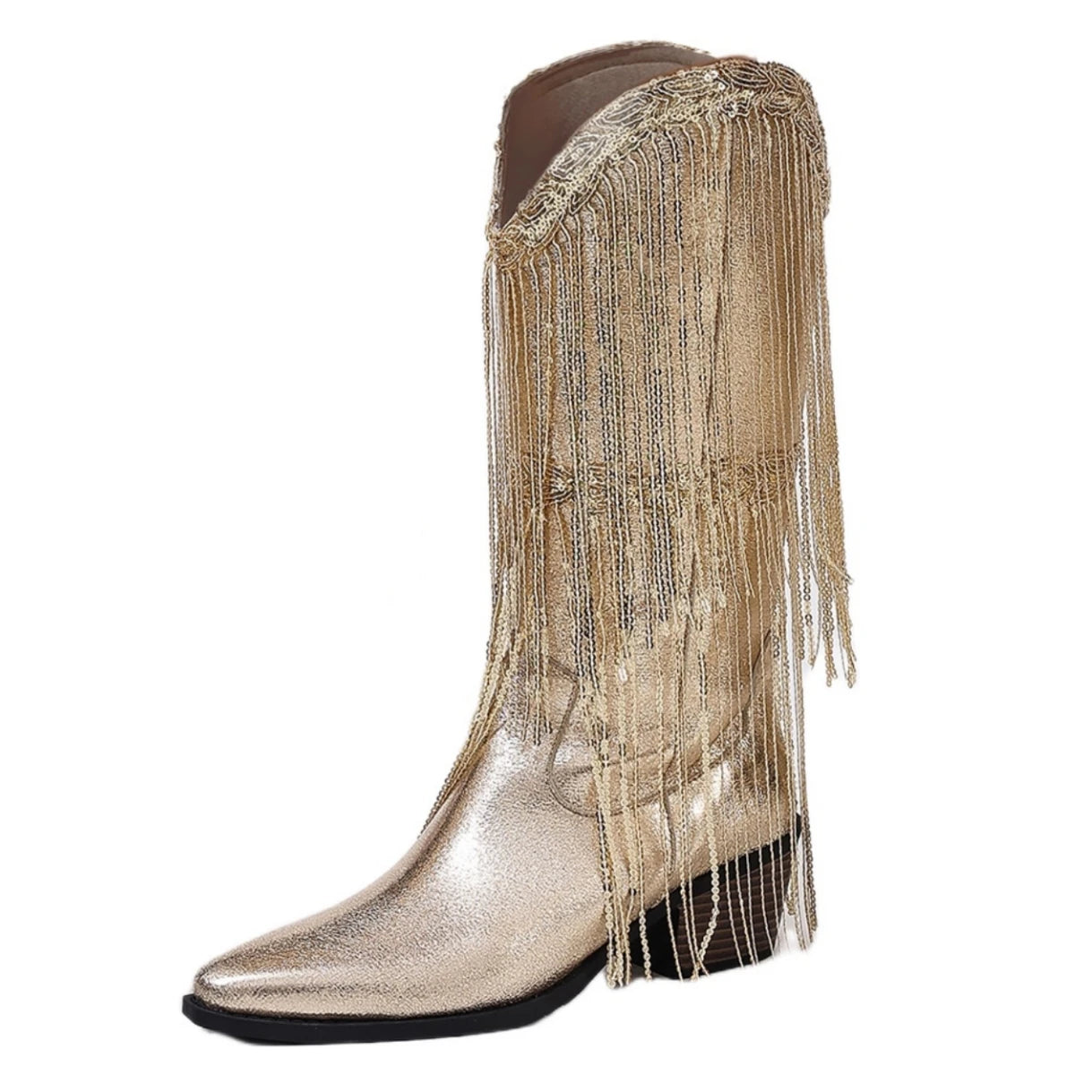 Glittering Silver Cowboy Boots with Long Tassels, Pointed Toe Western Boots, Chunky Low Heel Biker Style