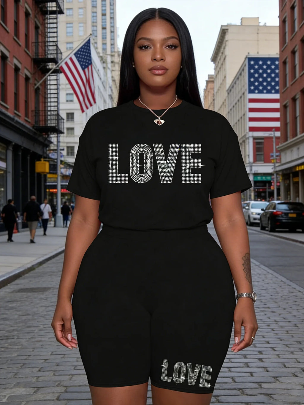 Plus Size Heart Print Oversized T-Shirt + Shorts Set — Casual 2-Piece Summer Outfit
