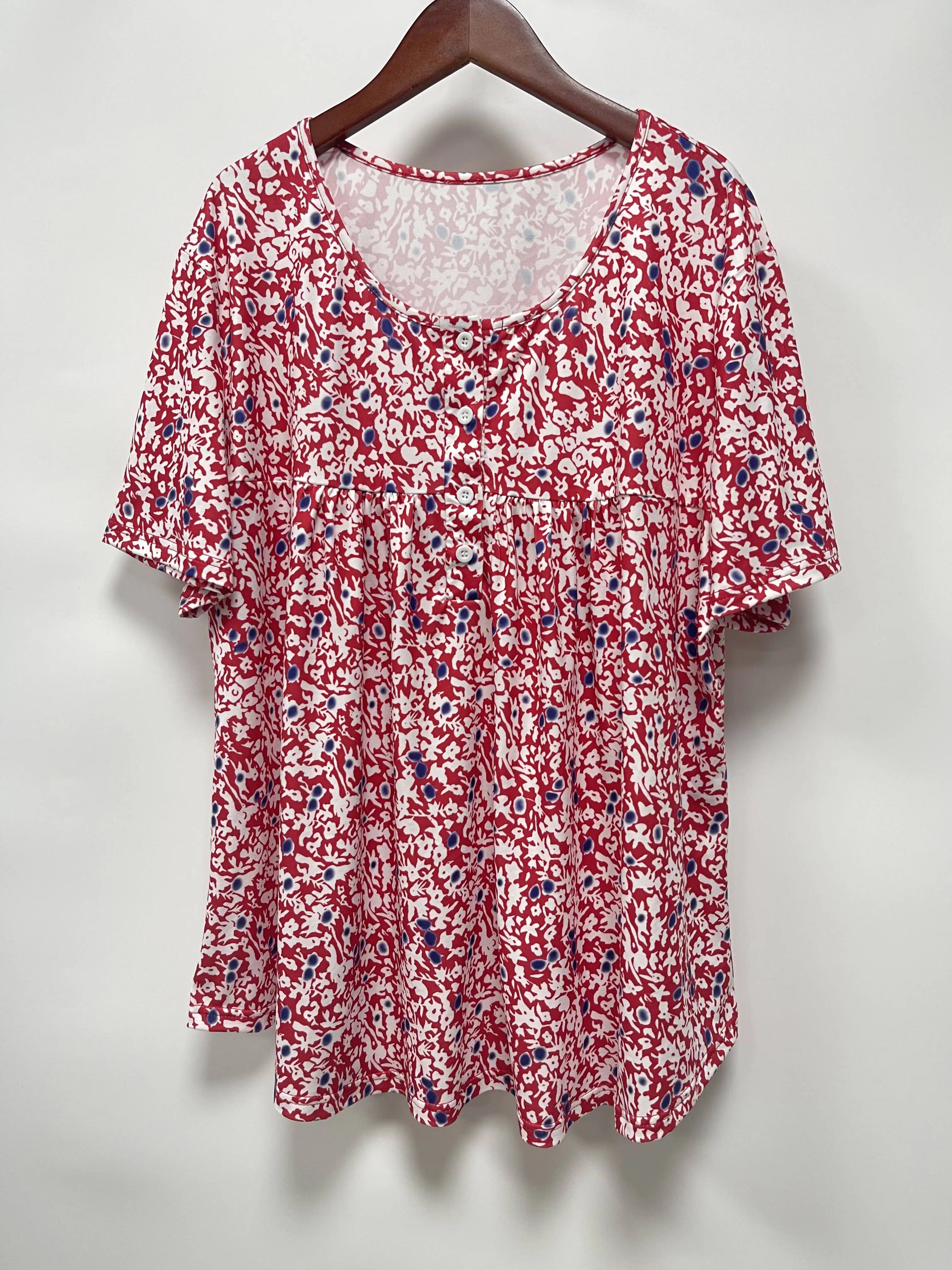 Plus Size Button Print T-Shirt — Spring Summer Short Sleeve Top XL-5XL