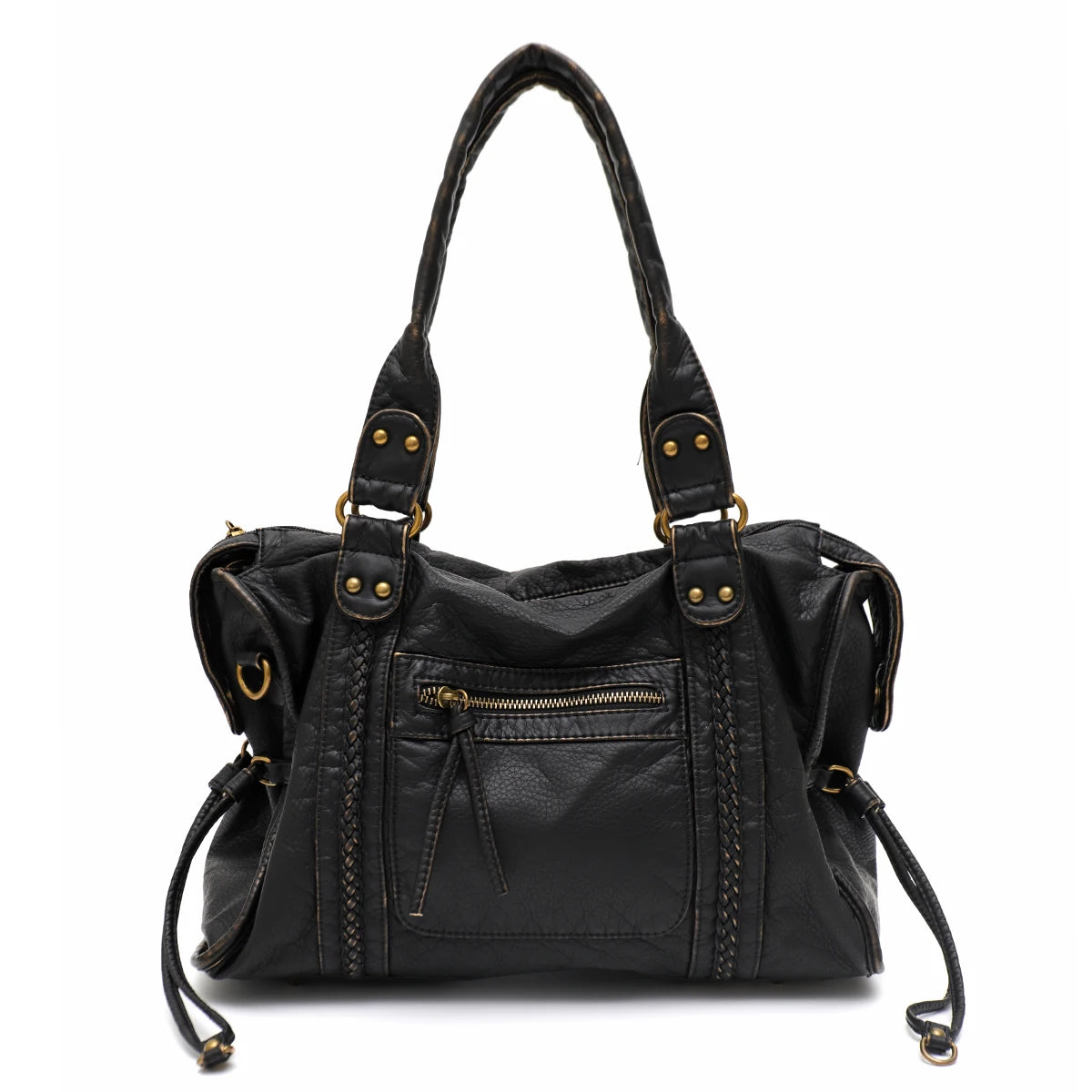 Vintage Washed Vegan Leather Tote Bag — Large Capacity Shoulder & Crossbody Work Bag